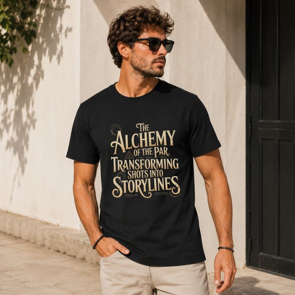 Black t-shirt with gold text: "The Alchemy of the Par. Transforming shots into storylines."