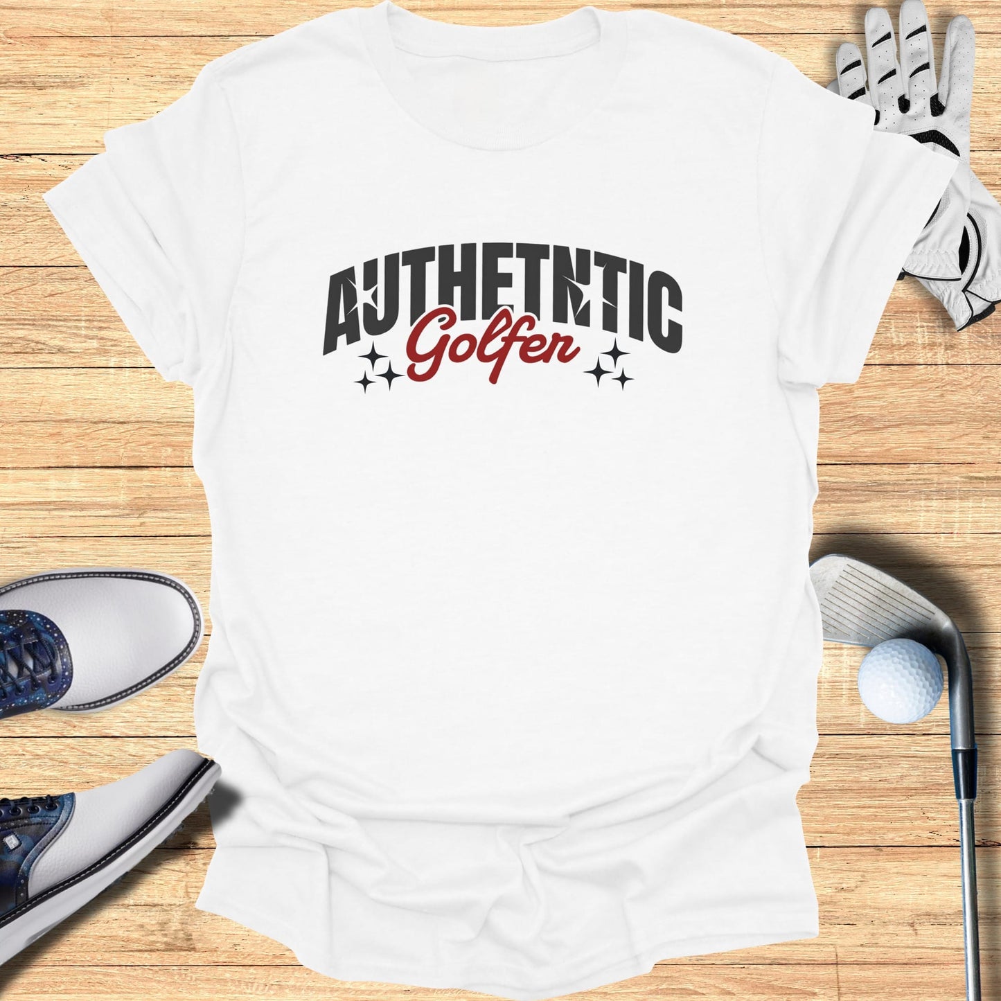 White t-shirt with "AUTHTENTIC Golfer" text and small stars.