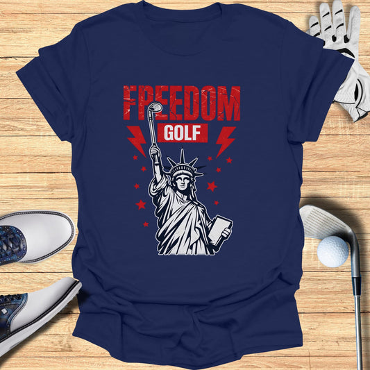 Navy t-shirt with Statue of Liberty graphic and "FREEDOM GOLF" text.