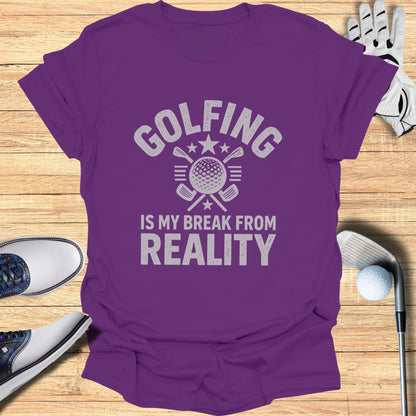 Purple t-shirt with "Golfing is my real break from reality" and golf imagery.