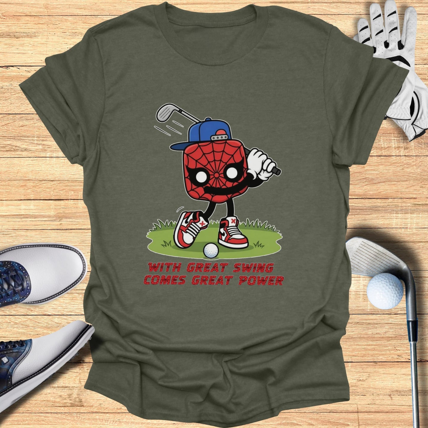 Spider-Man cartoon character swinging a golf club, with text.