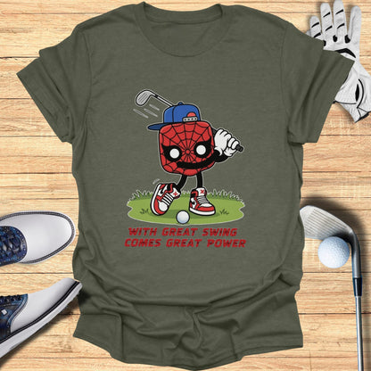 Spider-Man cartoon character swinging a golf club, with text.
