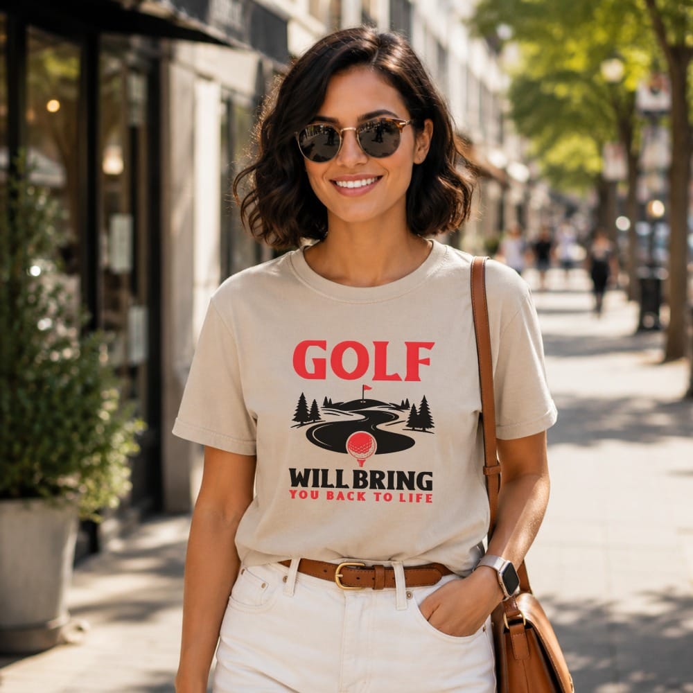 T-shirt with "Golf will bring you back to life" text and golf course graphic.