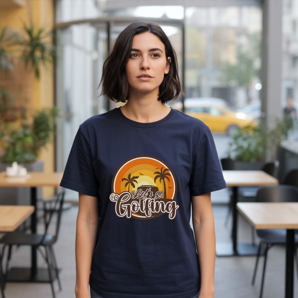 Navy t-shirt with "Let's go Golfing" graphic featuring a sunset and palm trees.