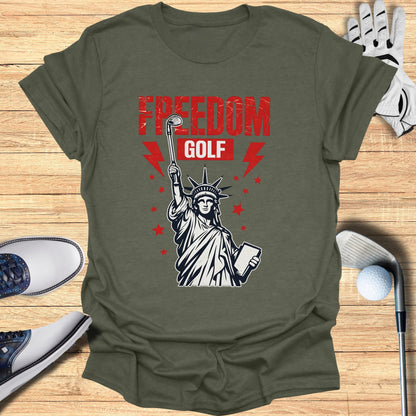 Statue of Liberty holding golf club with "FREEDOM GOLF" text.