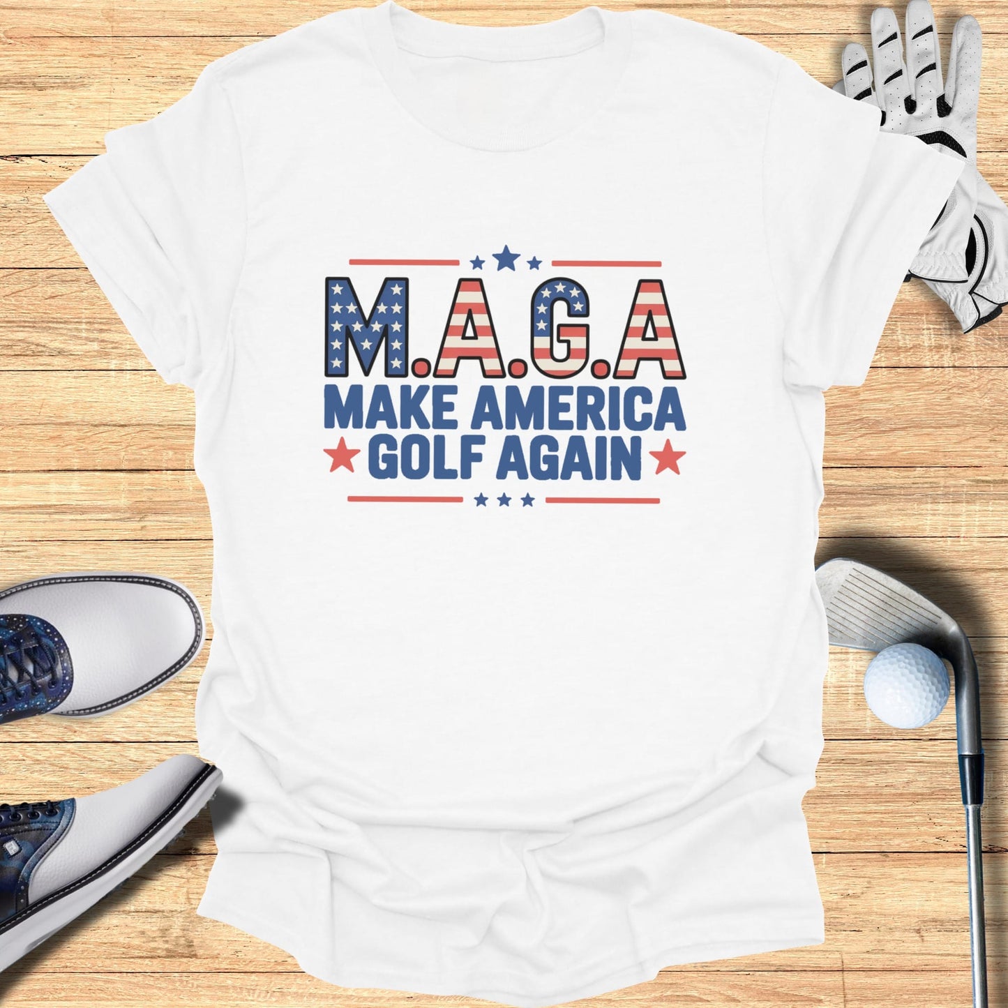 White t-shirt with M.A.G.A. Make America Golf Again logo.