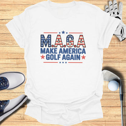 White t-shirt with M.A.G.A. Make America Golf Again logo.