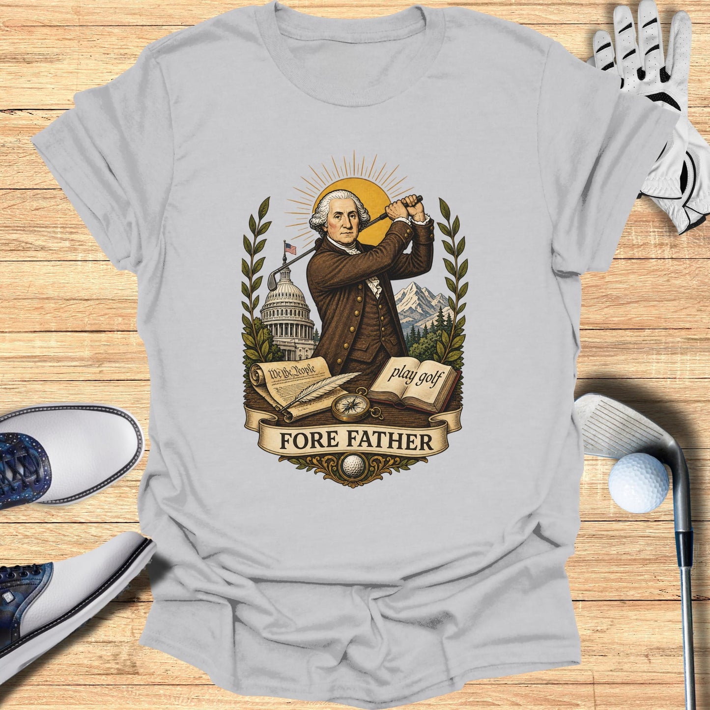 George Washington swings a golf club with "Fore Father" and "play golf" text.