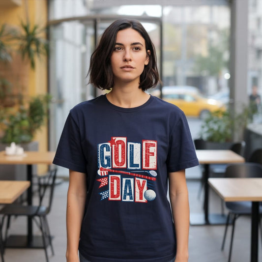 Navy t-shirt with "Golf Day" text, golf flag, and clubs graphic.
