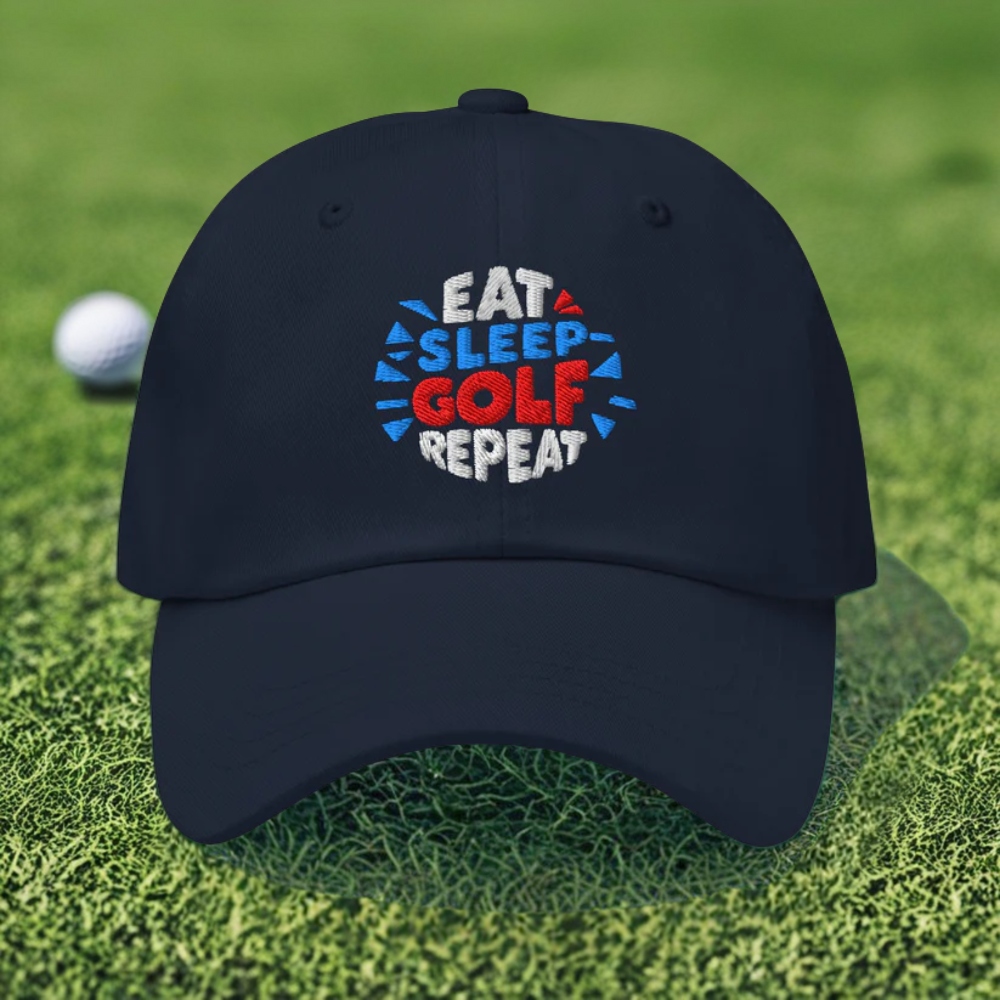 Eat Sleep Golf Repeat Fun Design Embroidered Golf Cap - Funny Golf Tee by Swing Epic