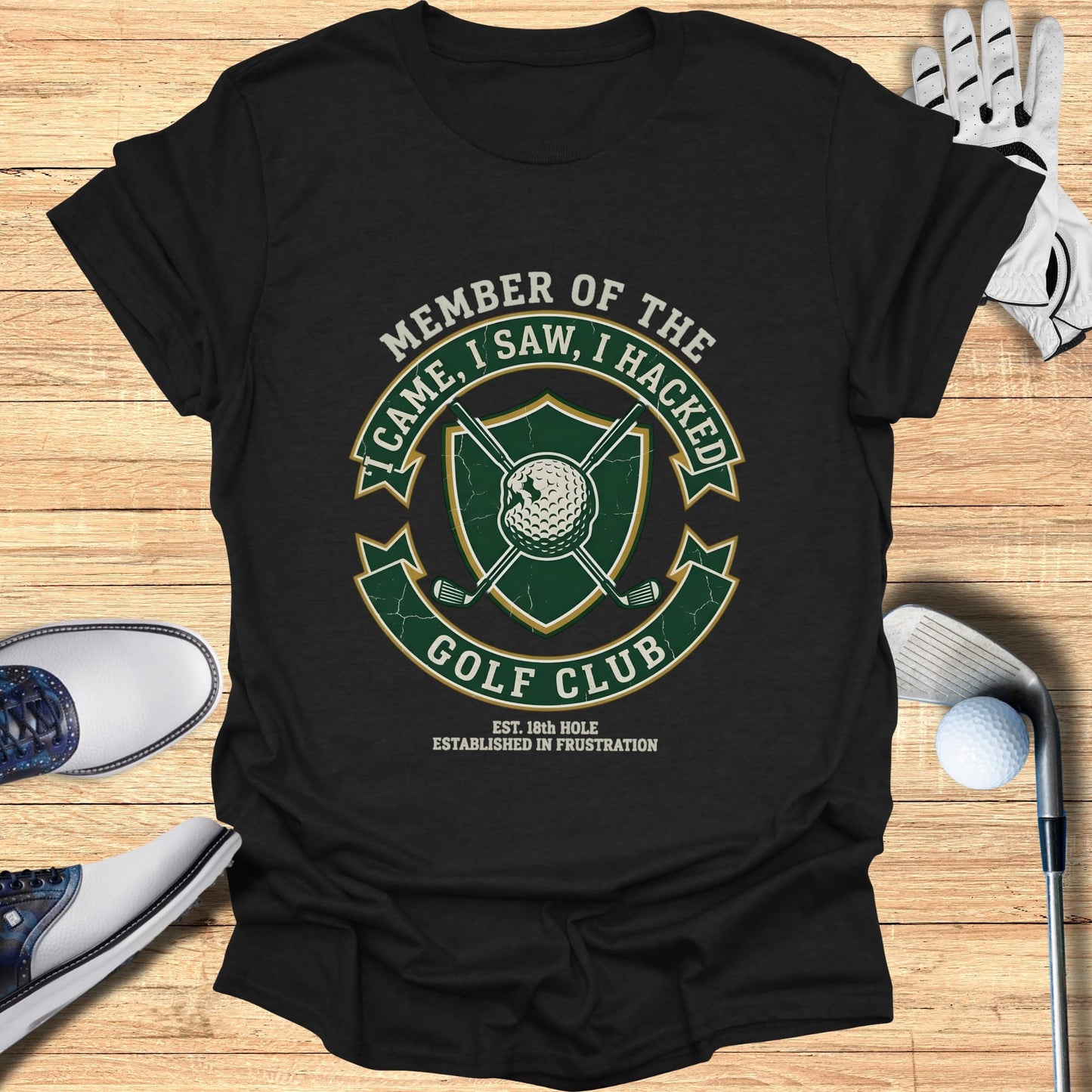 Green and white "Member of the Golf Club" t-shirt with golf ball and crossed clubs design.