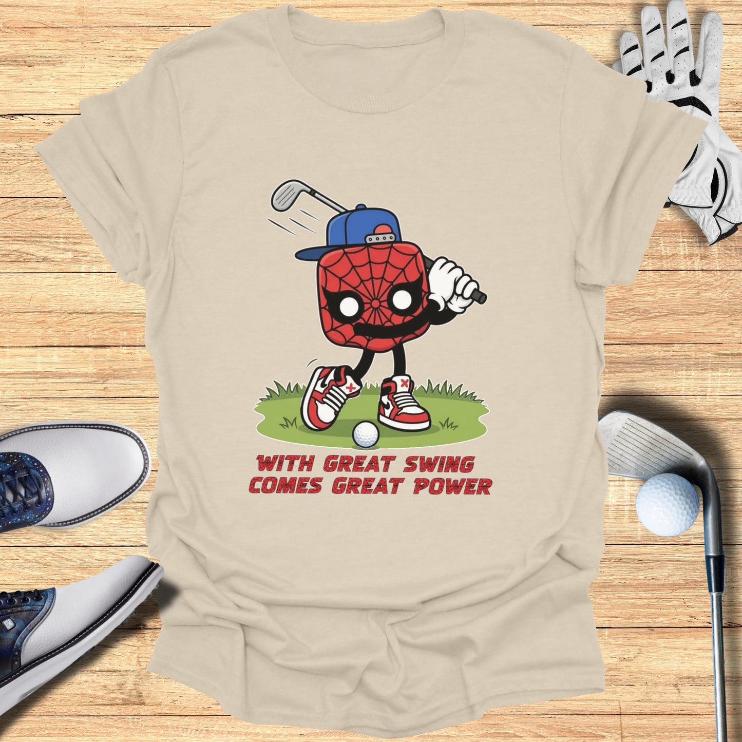 Spider-Man playing golf with text "With great swing comes great power".