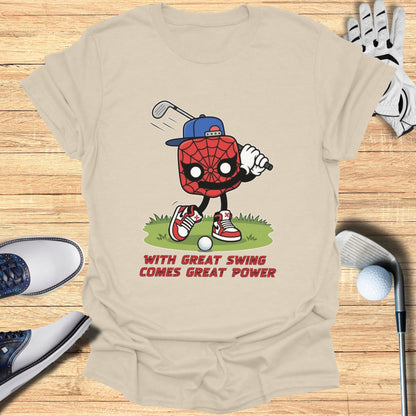 Spider-Man playing golf with text "With great swing comes great power".