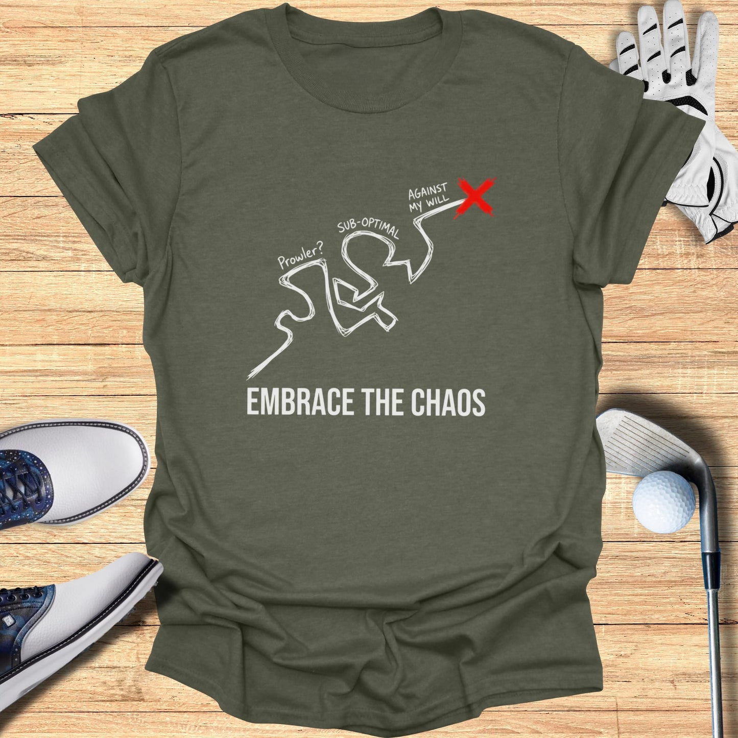 Olive t-shirt with "Embrace the Chaos" and a zigzag line design.
