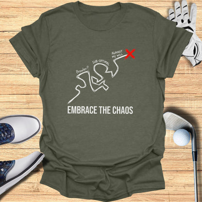 Olive t-shirt with "Embrace the Chaos" and a zigzag line design.
