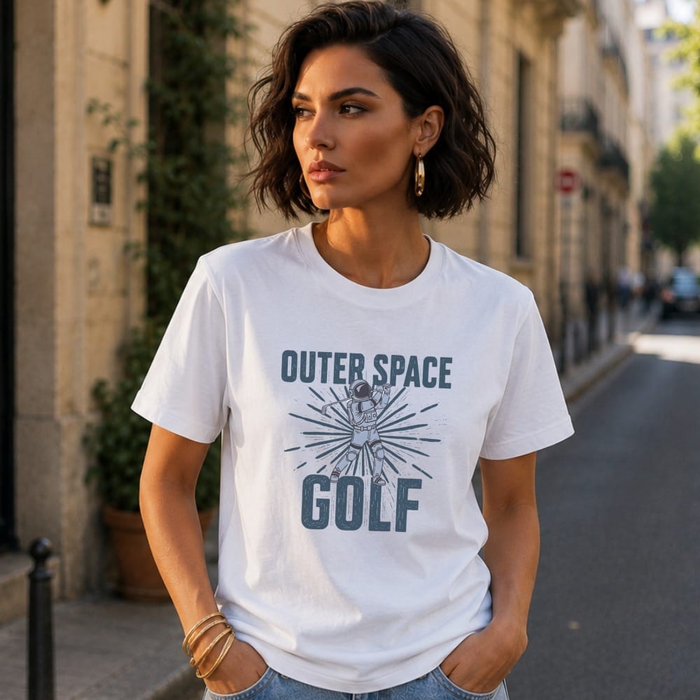 Woman wearing a white t-shirt with "Outer Space Golf" graphic.
