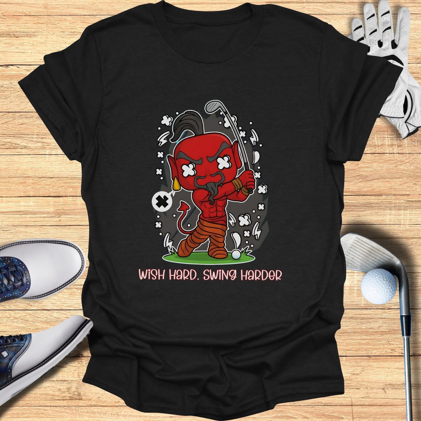 Devil character golfing with "Wish Hard. Swing Harder." text.