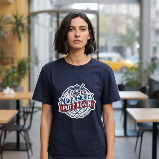 Navy t-shirt with "Make America Putt Again" golf graphic.