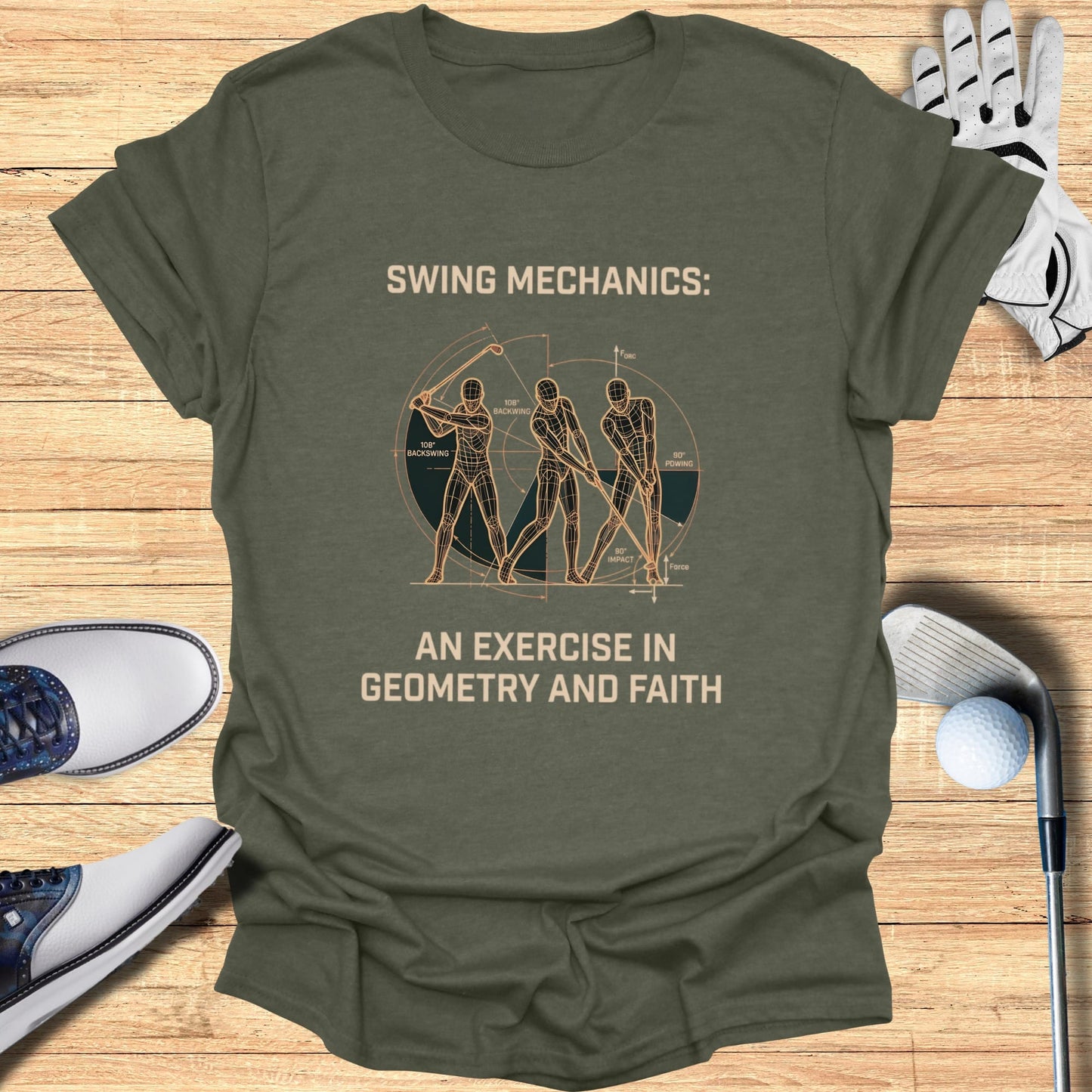 T-shirt with golf swing mechanics diagram, "AN EXERCISE IN GEOMETRY AND FAITH."