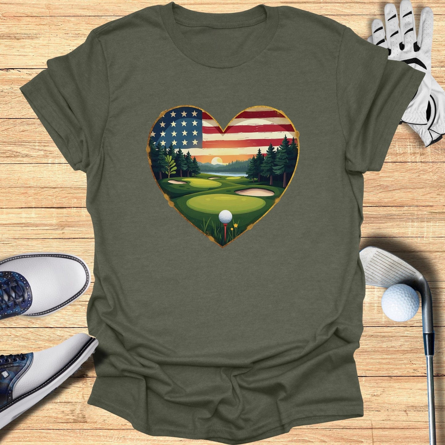 Heart Golf Course USA Flag T-Shirt - Funny Golf Tee by Swing Epic