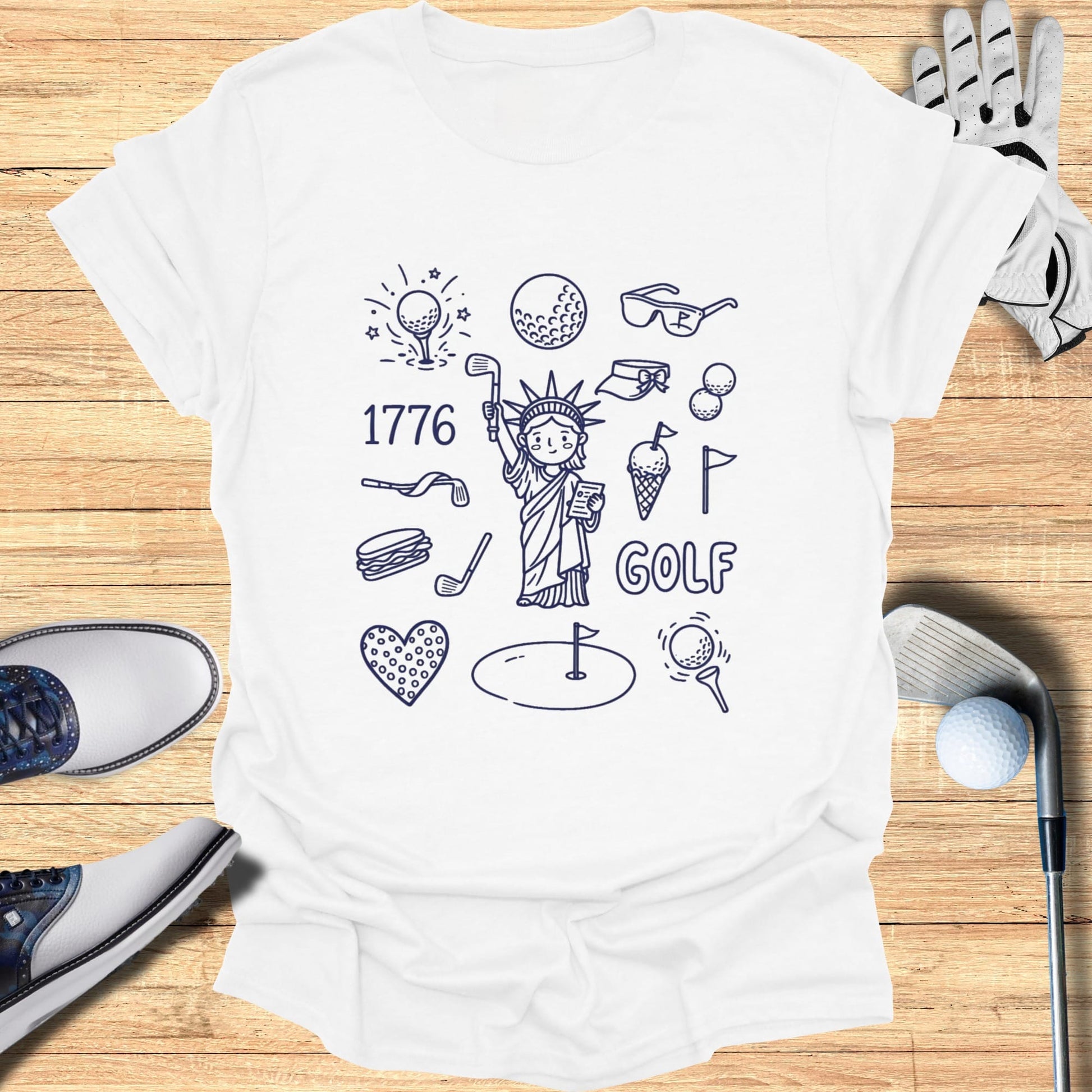 Doodle art featuring the Statue of Liberty, golf items, and "1776 GOLF".
