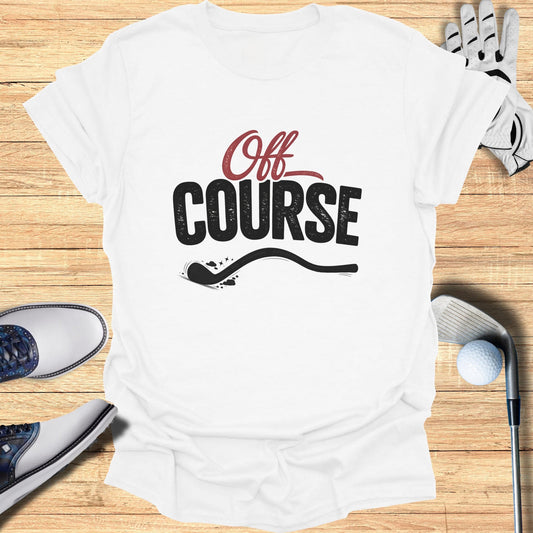 White t-shirt with "Off Course" text and golf accessories.