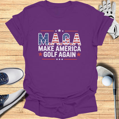 Purple t-shirt with "MAGA Make America Golf Again" text and flag accents.