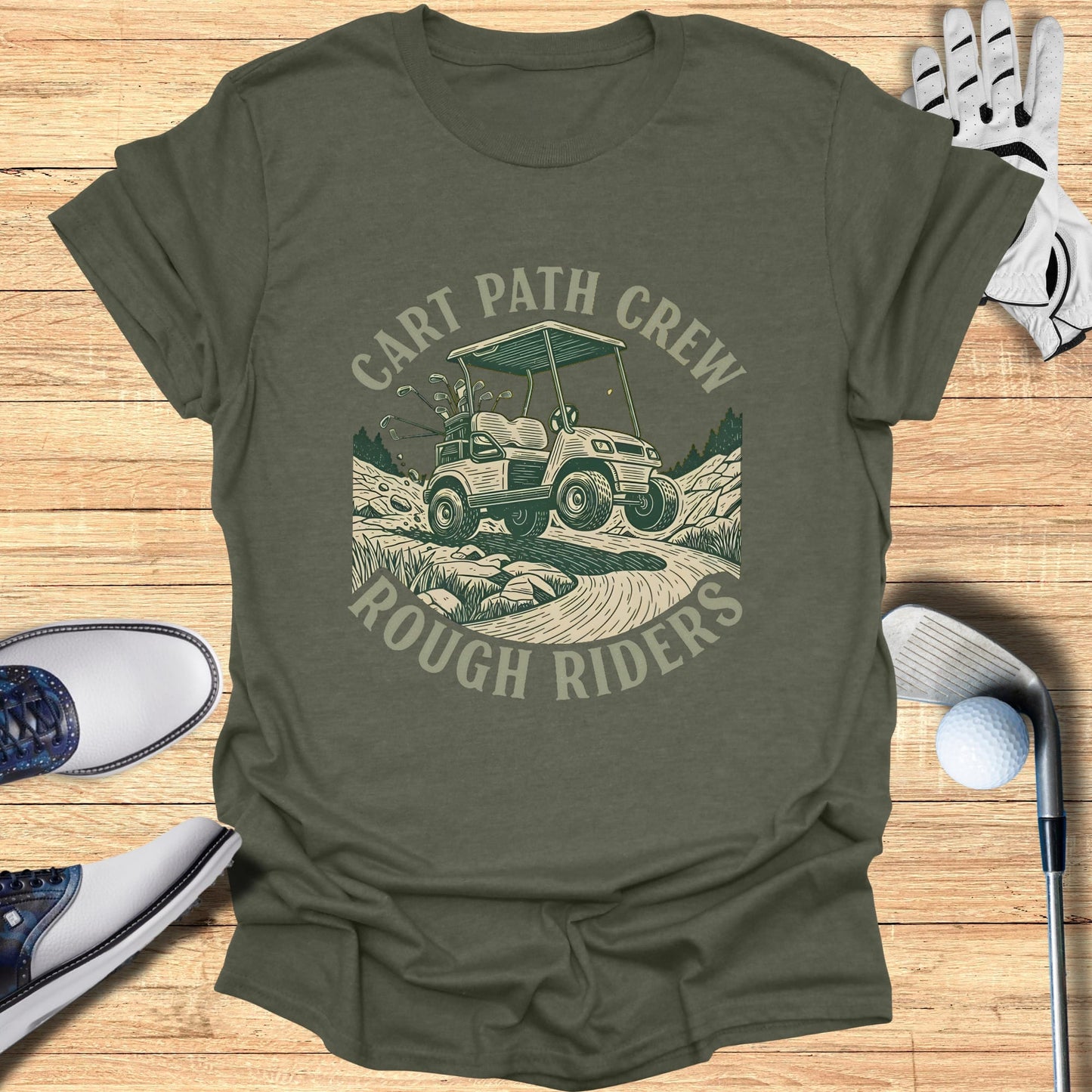 Golf cart graphic with text "Cart Path Crew Rough Riders" on a t-shirt.
