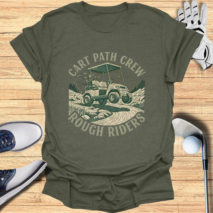 Golf cart graphic with text "Cart Path Crew Rough Riders" on a t-shirt.