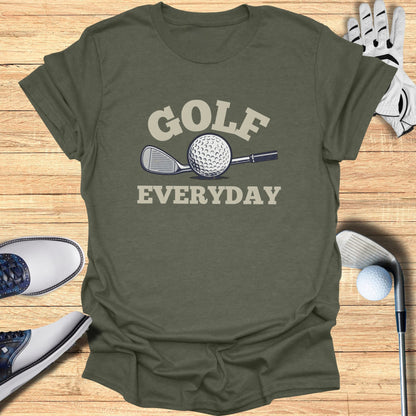 Olive t-shirt with "Golf Everyday" text and golf club graphic.