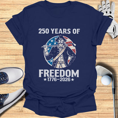 Navy t-shirt with "250 Years of Freedom 1776-2026" and colonial figure.