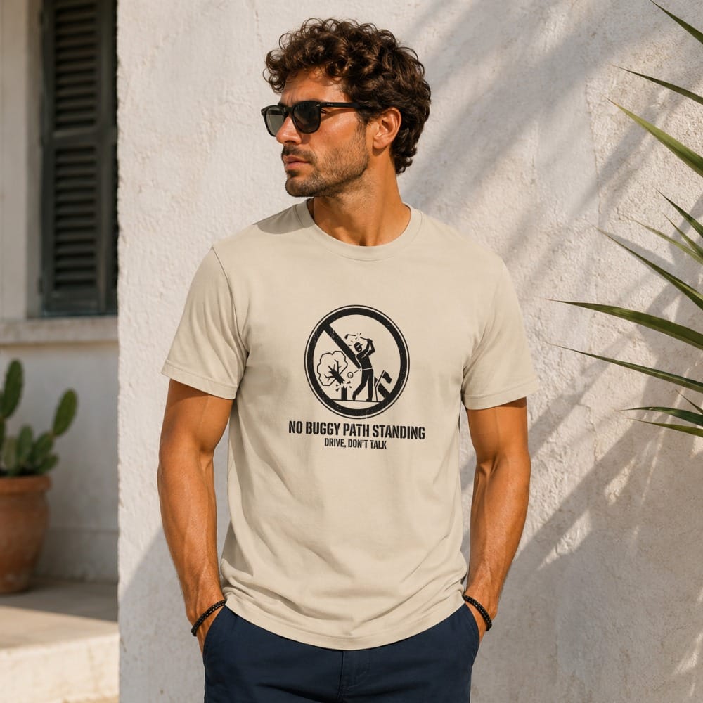 Man wearing a light tan t-shirt with a black graphic.