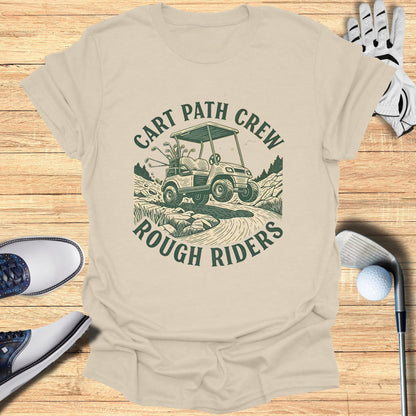 Cream t-shirt with "Cart Path Crew Rough Riders" graphic of golf cart.
