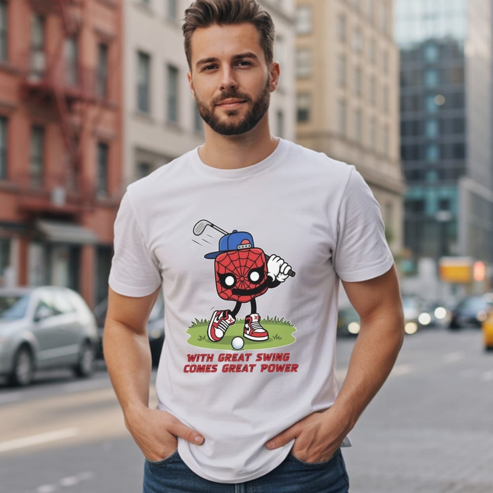 White t-shirt with Spider-Man golfing cartoon and "With great swing comes great power" text.