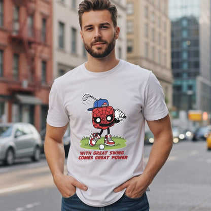 White t-shirt with Spider-Man golfing cartoon and "With great swing comes great power" text.
