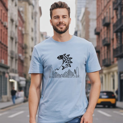 Blue T-Shirt with Abstract Fish Design Cute Tee