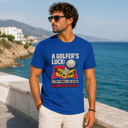 Blue t-shirt with graphic about golf and cosmic destiny.