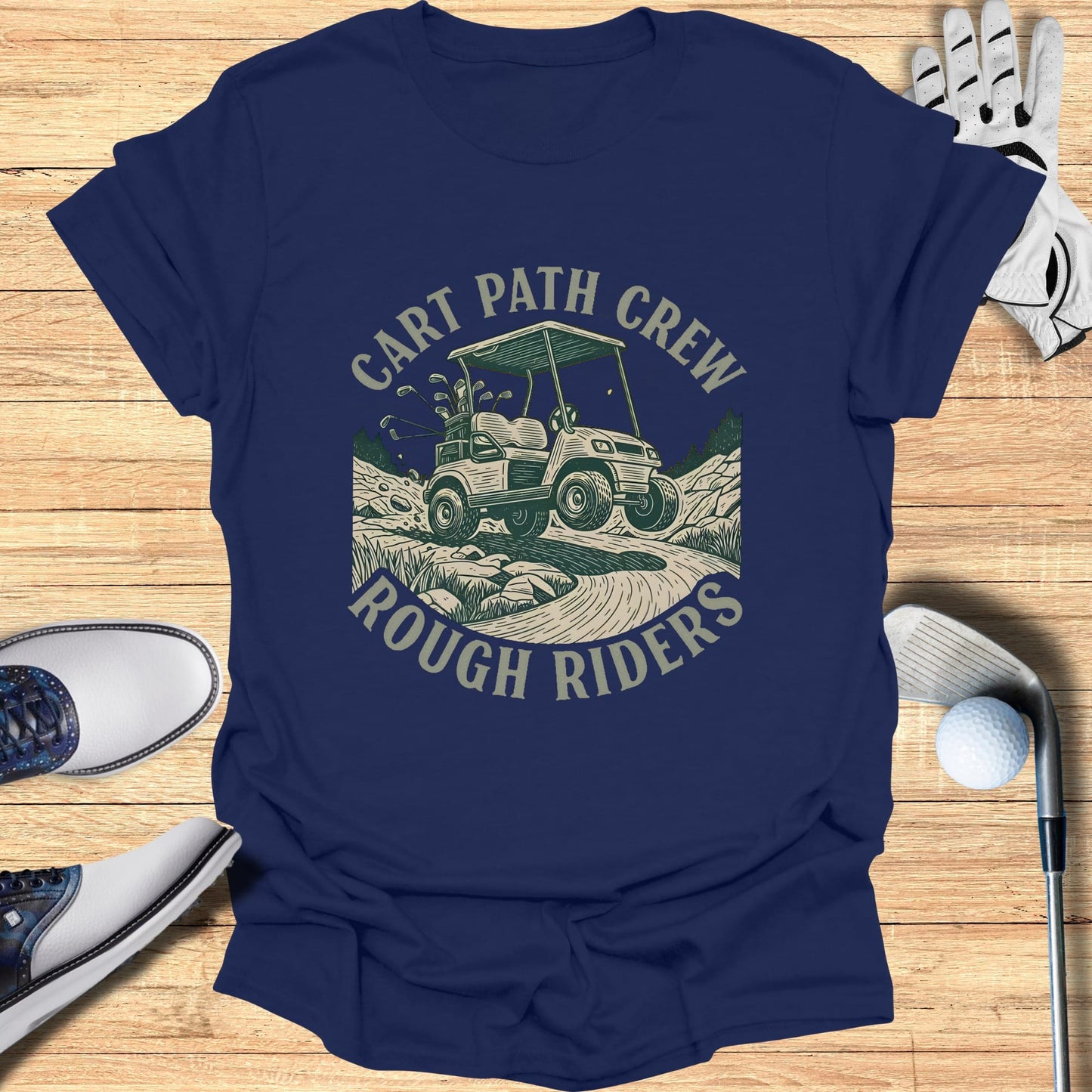 Navy t-shirt with "Cart Path Crew Rough Riders" text and golf cart graphic.