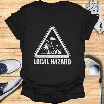 Black t-shirt with white "Local Hazard" graphic featuring a broken tree and golf elements.