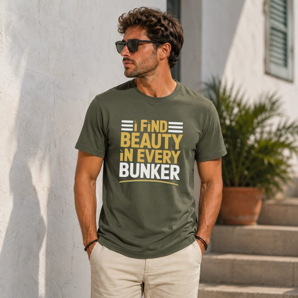 Man in olive green t-shirt with text "FIND BEAUTY IN EVERY BUNKER".
