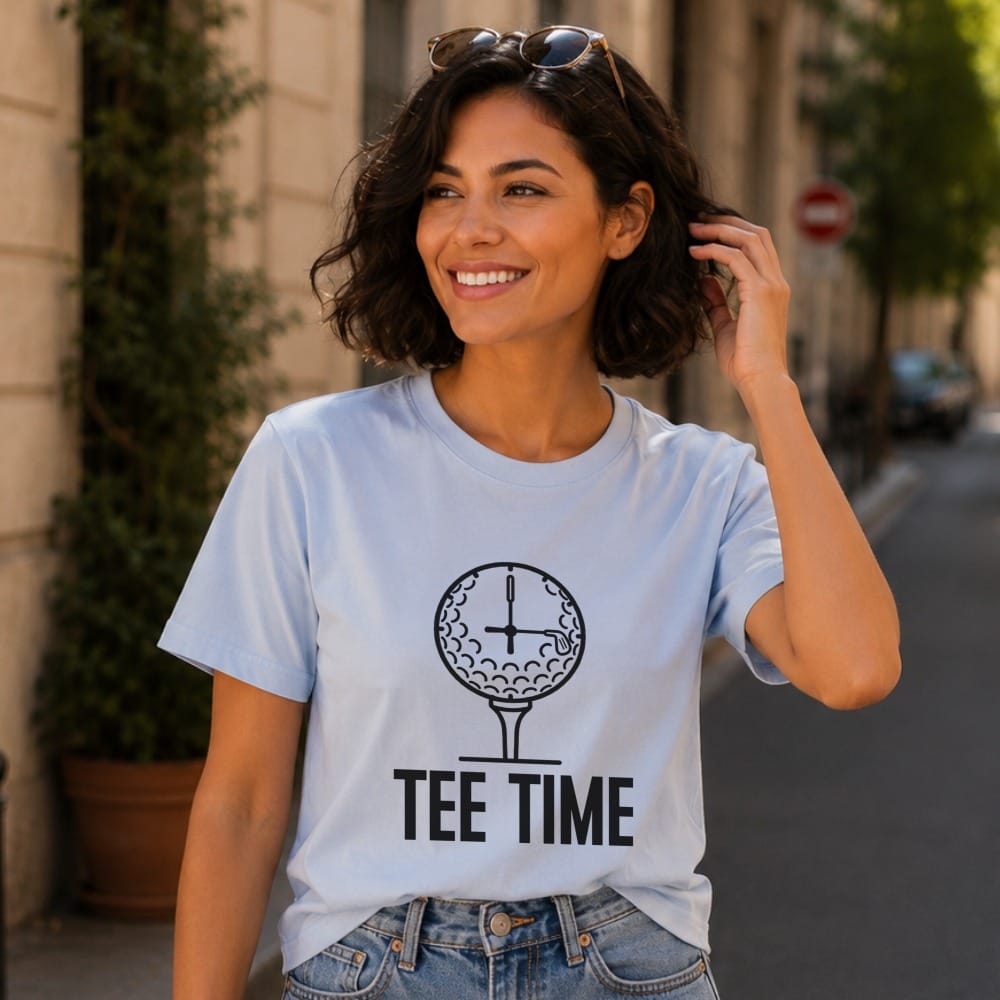 Light blue t-shirt with "TEE TIME" text and a golf ball on a tee.