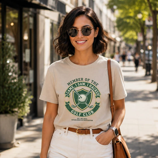 Light tan t-shirt with a "Golf Club" graphic and humorous text.