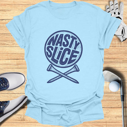 Light blue t-shirt with "NASTY SLICE" and crossed golf tees graphic.