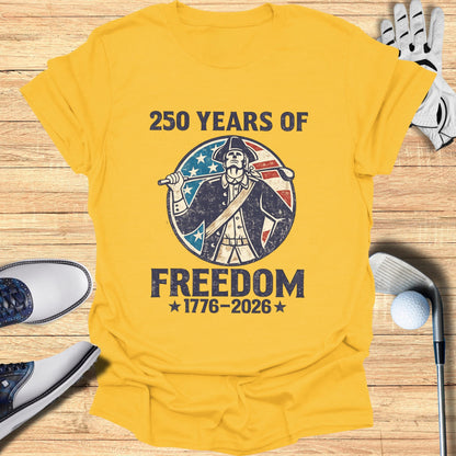 Yellow t-shirt with "250 Years of Freedom 1776-2026" and Uncle Sam graphic.