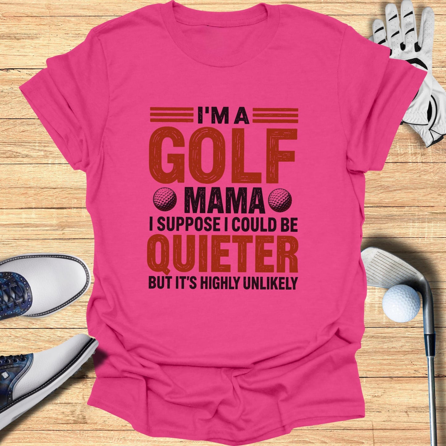 Pink t-shirt with "Golf Mama" text and golf balls.