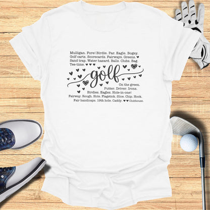 Text with golf terms and graphic on a white t-shirt.