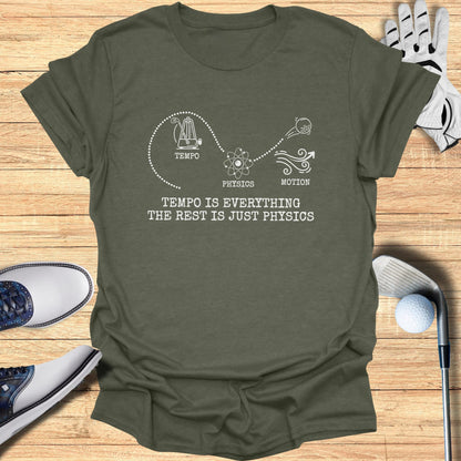 T-shirt graphic: "Tempo is everything the rest is just physics" with golf elements.
