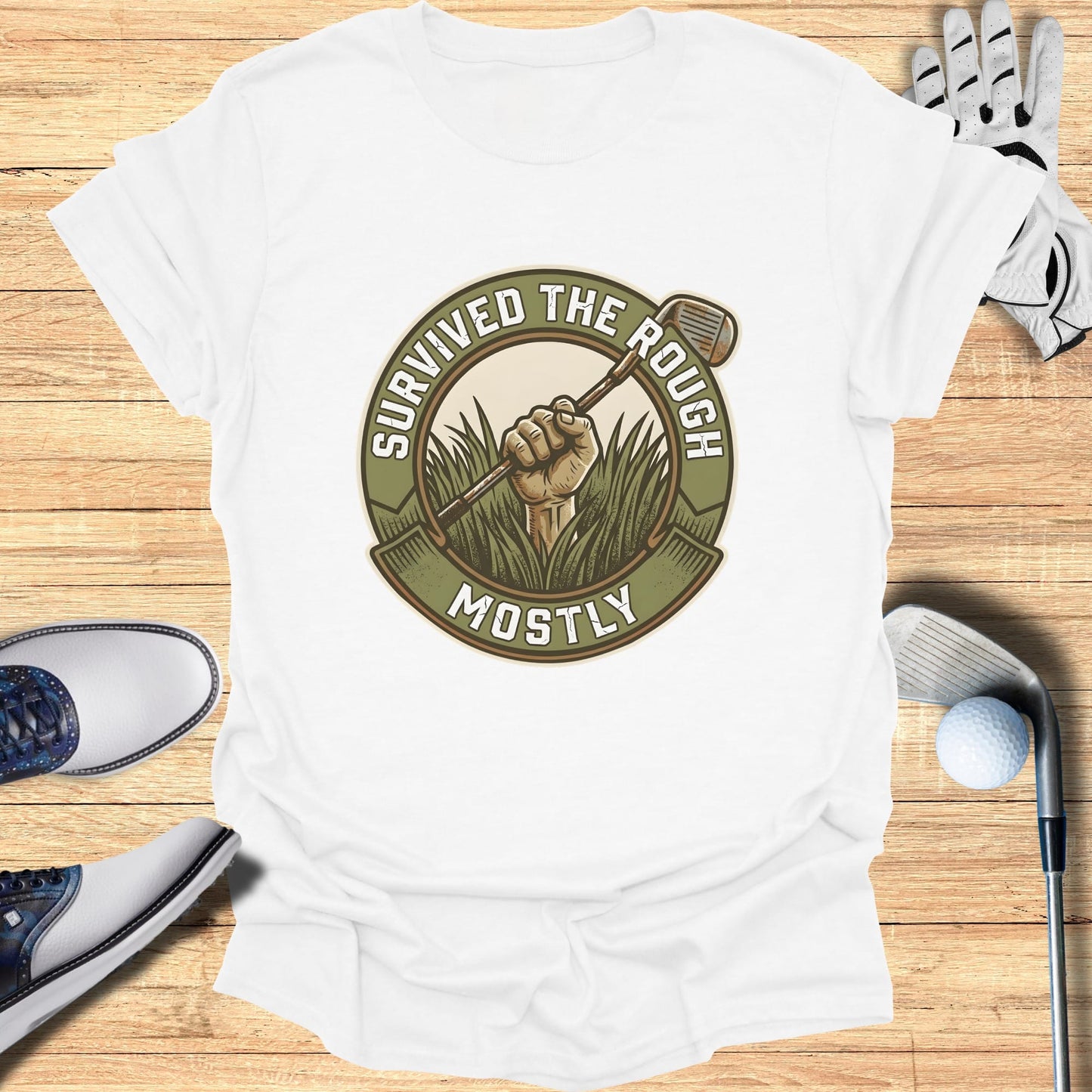 T-shirt with "SURVIVED THE ROUGH MOSTLY" golf graphic and golf accessories.
