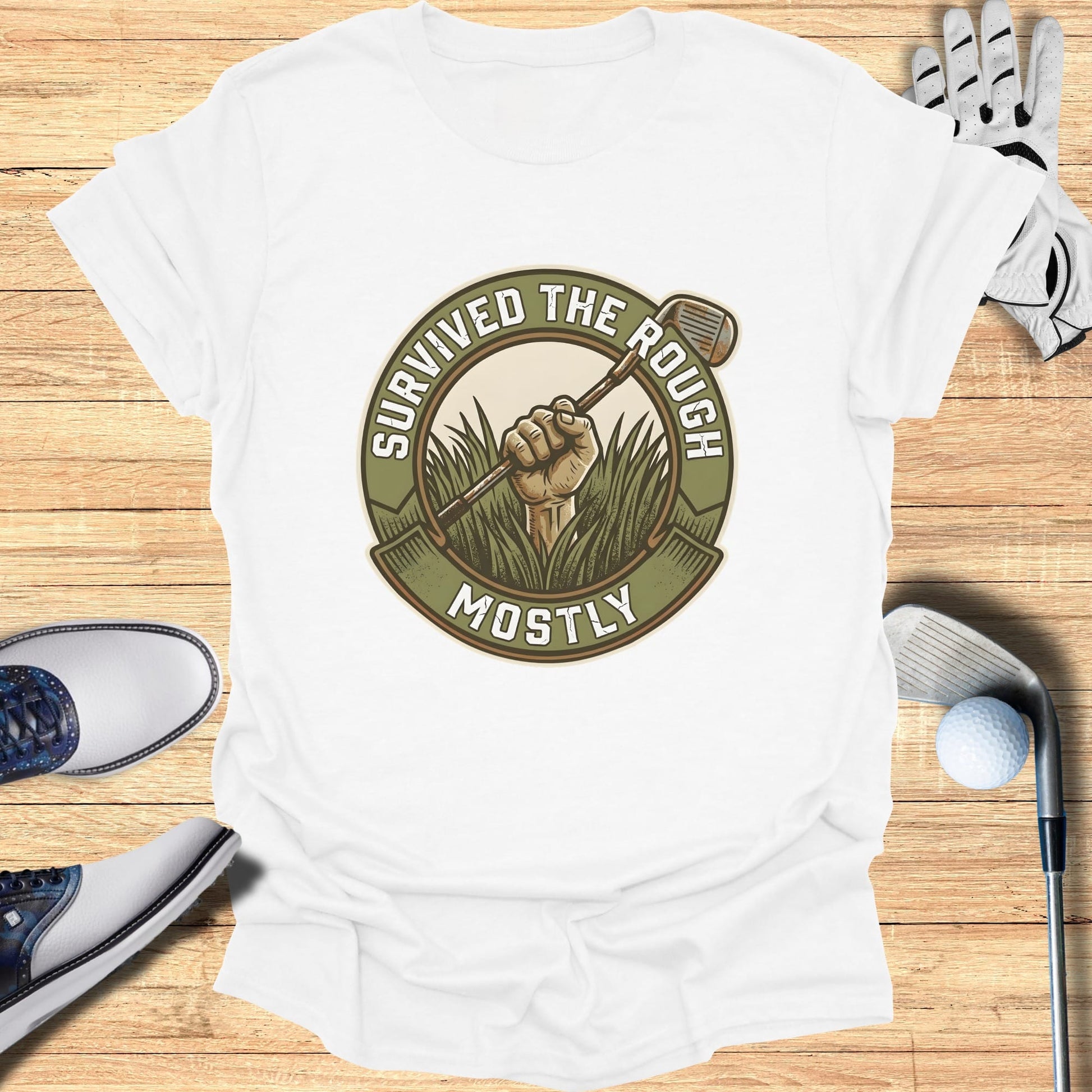 T-shirt with "SURVIVED THE ROUGH MOSTLY" golf graphic and golf accessories.