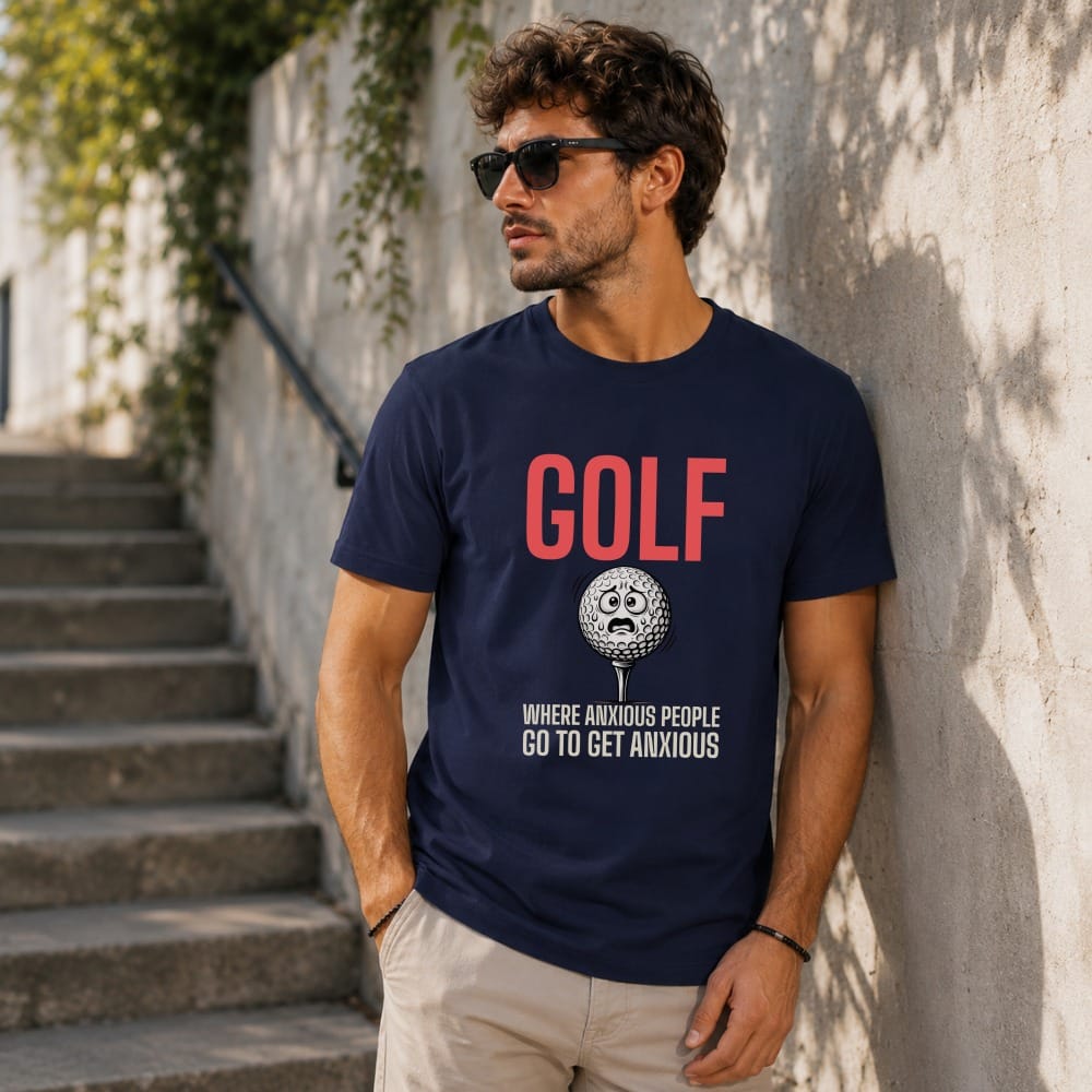 Navy t-shirt with "GOLF WHERE ANXIOUS PEOPLE GO TO GET ANXIOUS" and a worried golf ball.